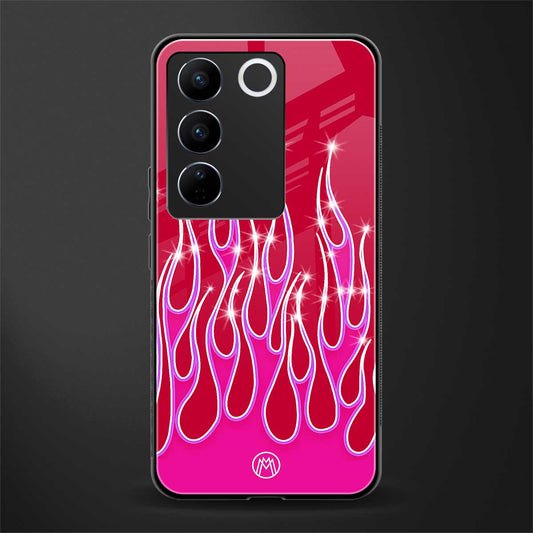y2k magenta glittery flames back phone cover | glass case for vivo v27 pro 5g