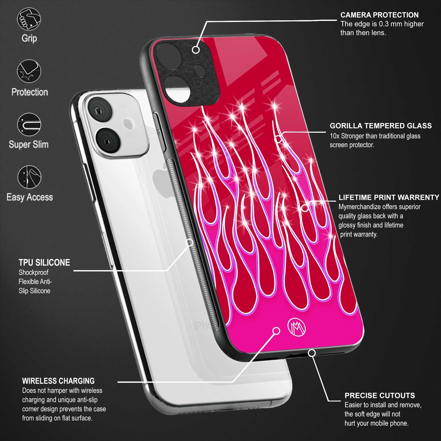 y2k magenta glittery flames glass case for redmi 9i image-4