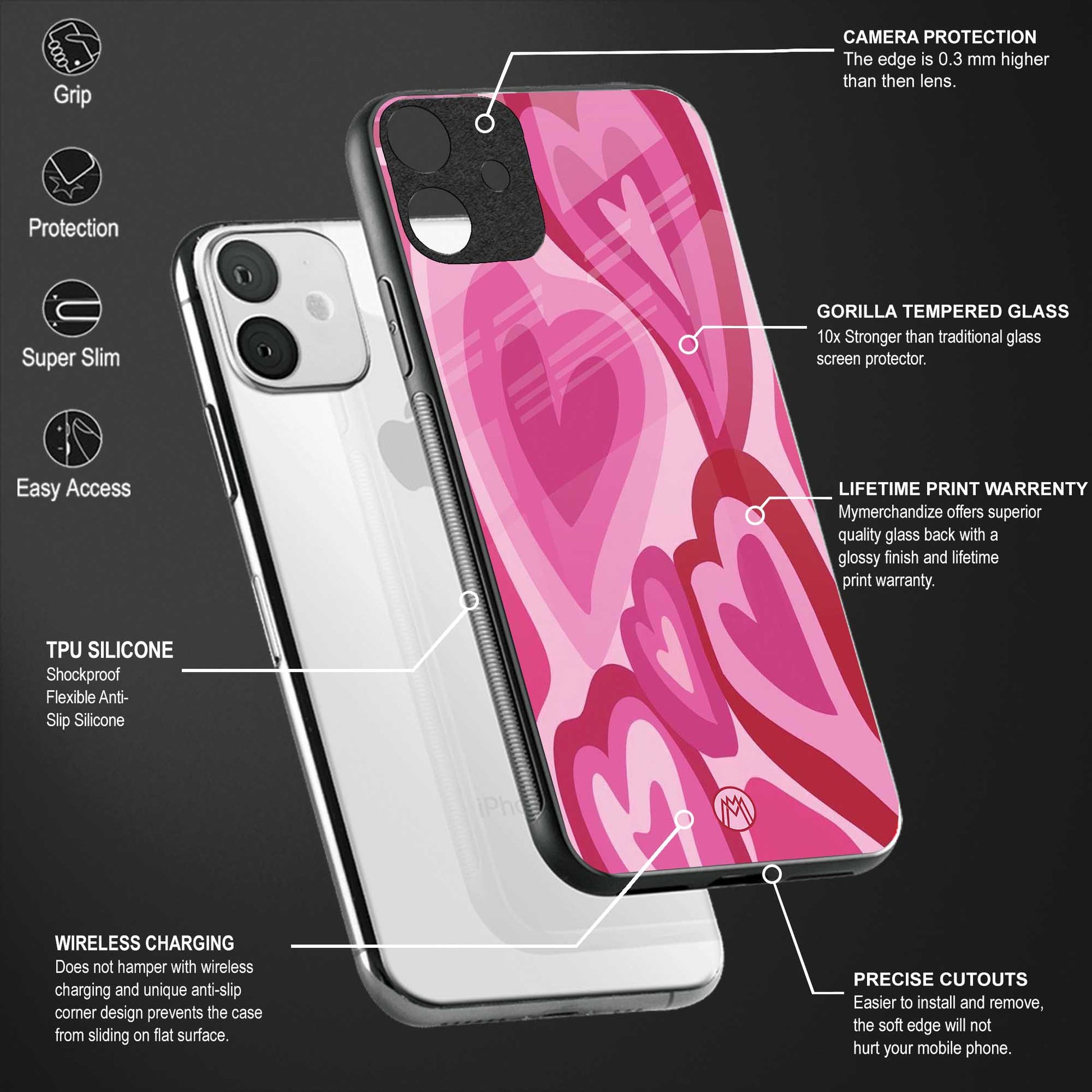 y2k pink hearts back phone cover | glass case for vivo y16