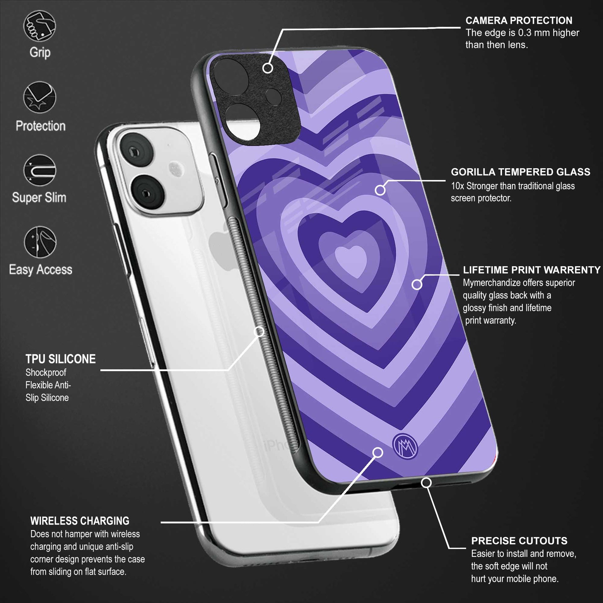 y2k purple hearts aesthetic glass case for vivo v23e image-4