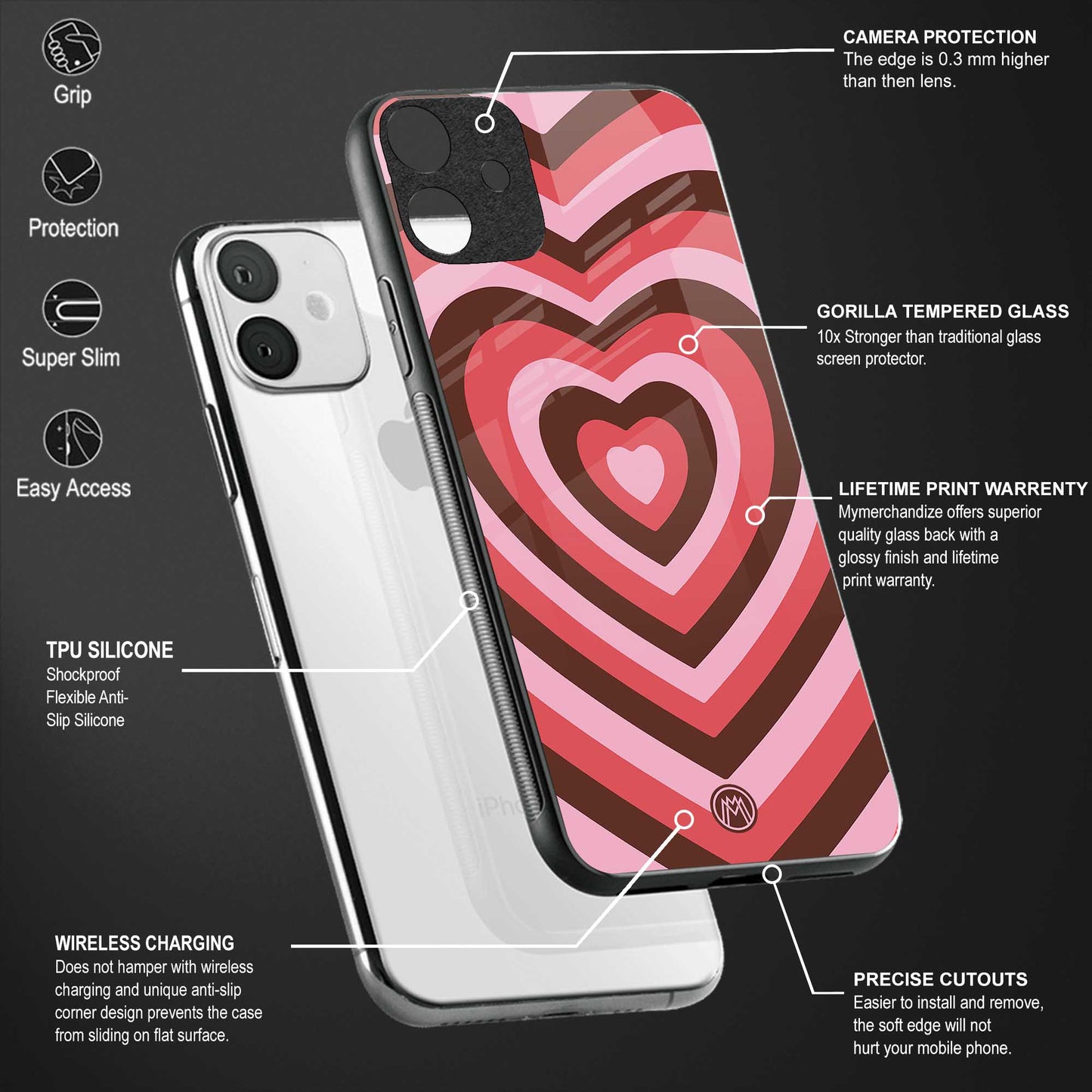 y2k red pink brown hearts aesthetic back phone cover | glass case for vivo y22