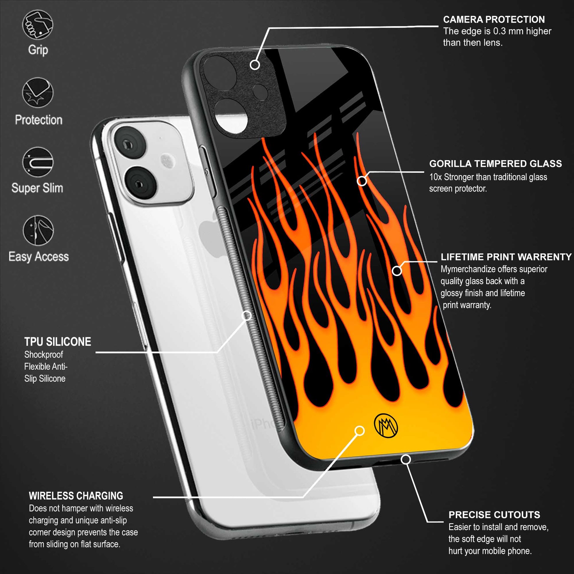y2k yellow flames back phone cover | glass case for realme narzo 50a