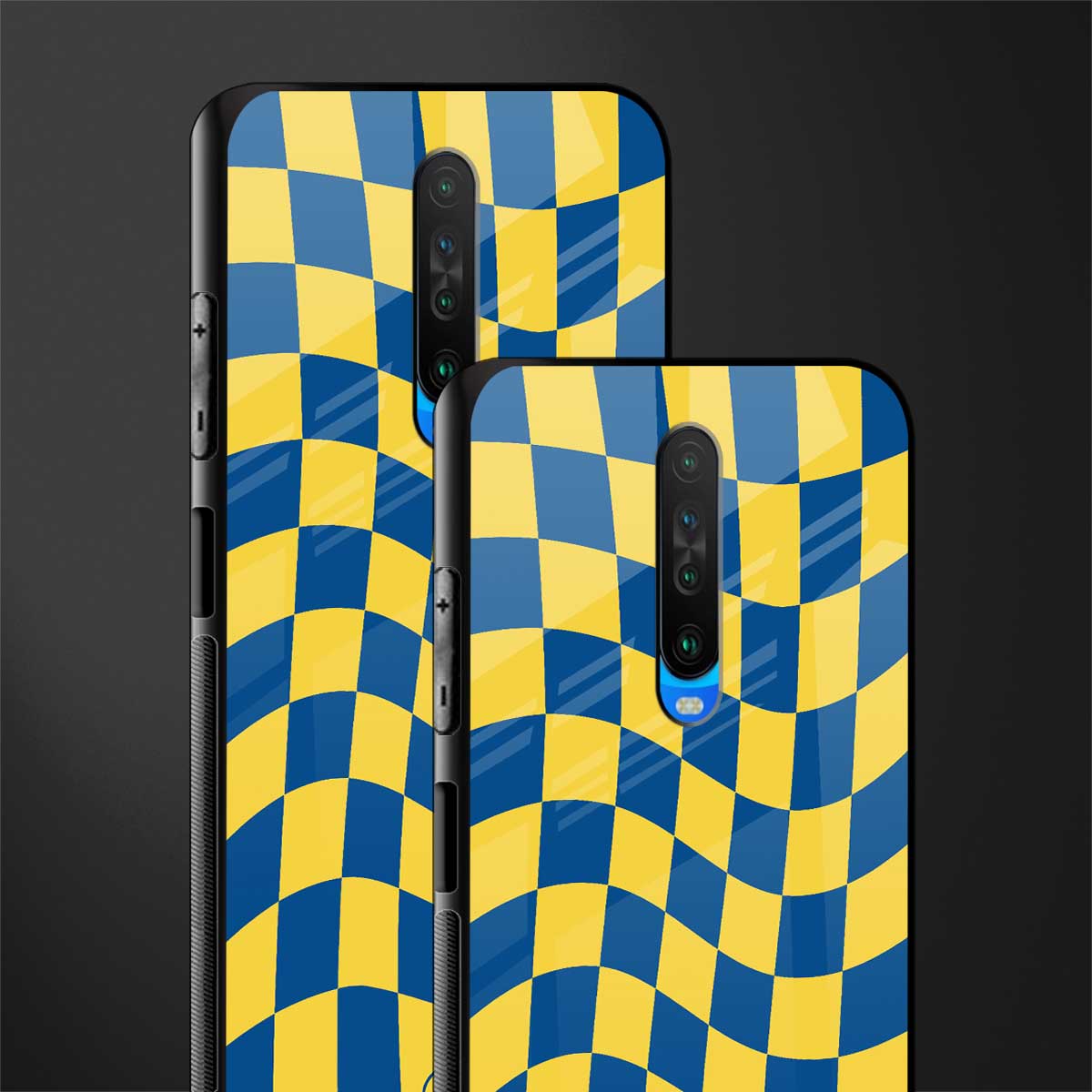 yellow blue trippy check pattern glass case for poco x2 image-2