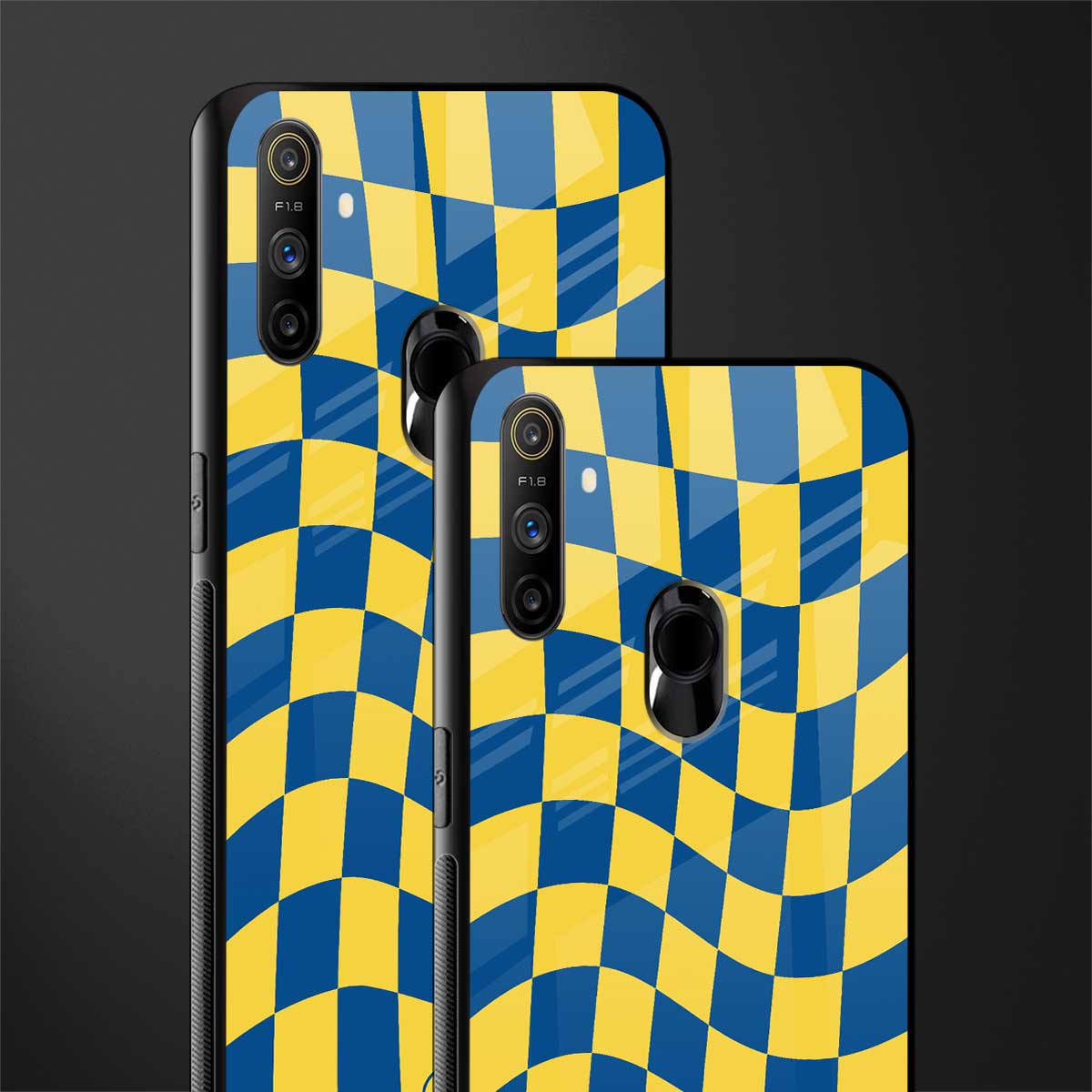 yellow blue trippy check pattern glass case for realme narzo 10a image-2