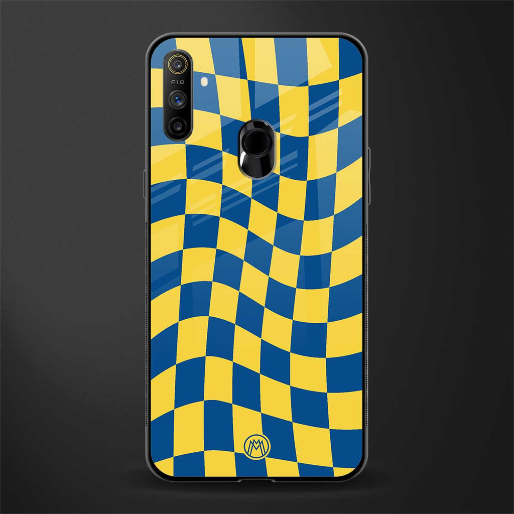 yellow blue trippy check pattern glass case for realme narzo 10a image
