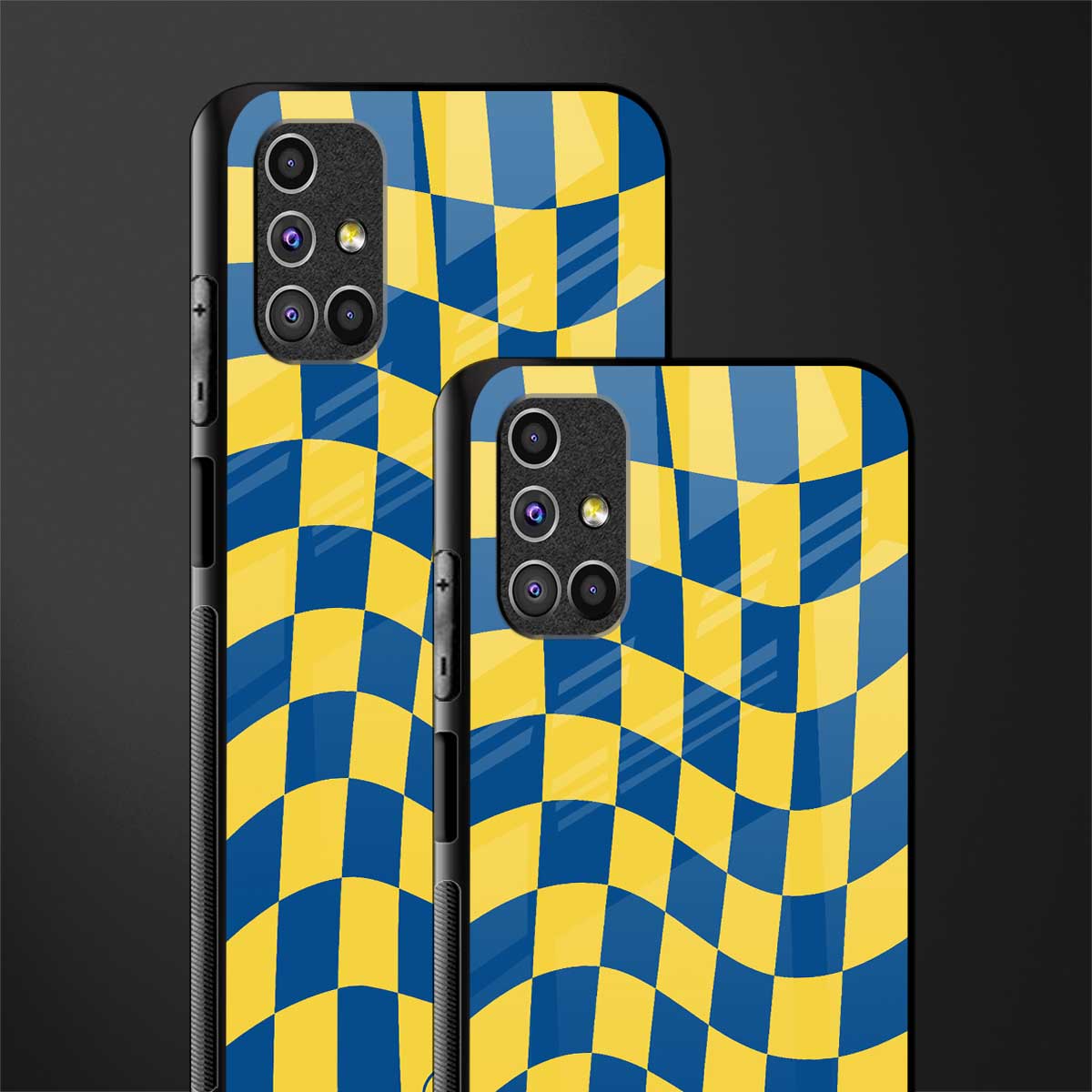 yellow blue trippy check pattern glass case for samsung galaxy m51 image-2