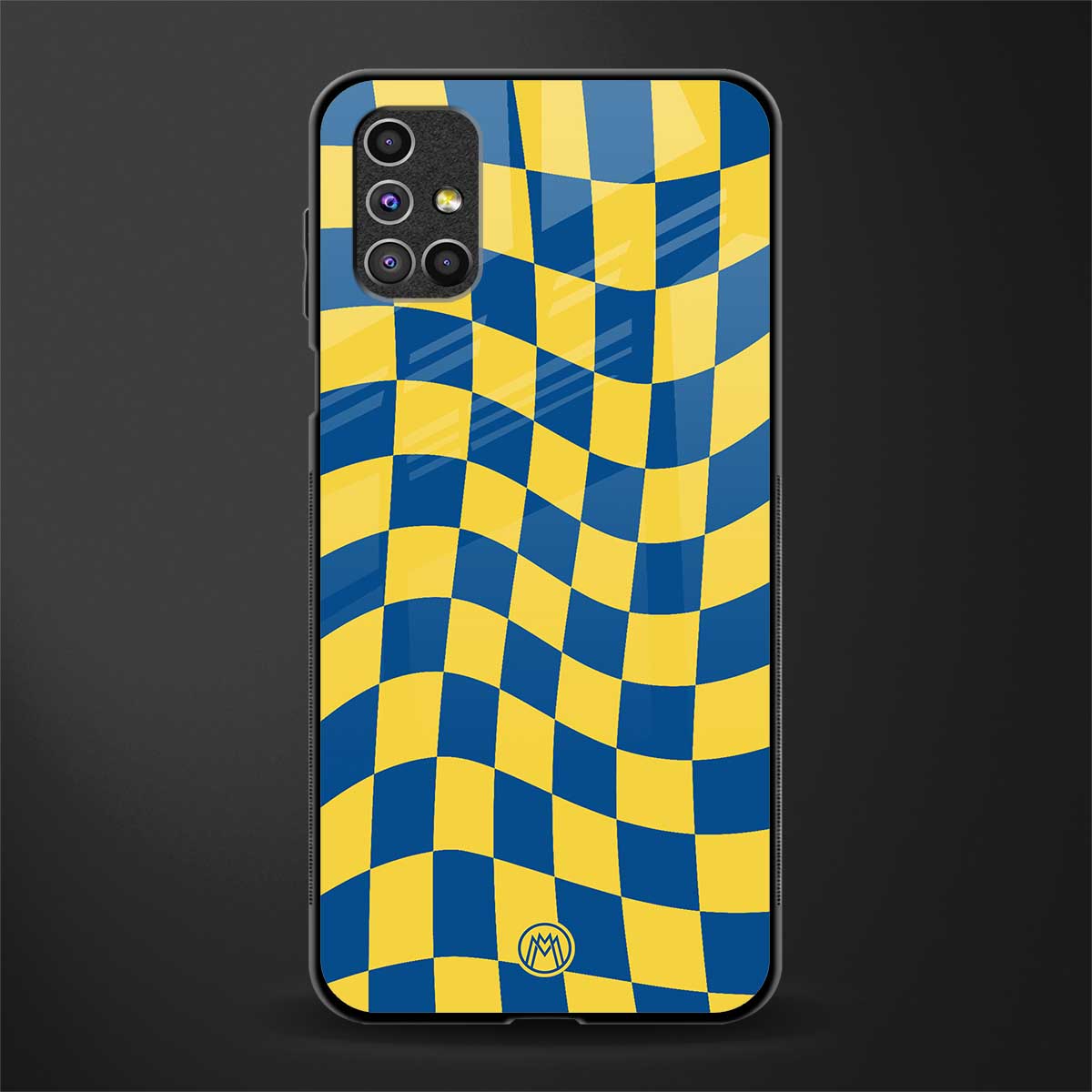 yellow blue trippy check pattern glass case for samsung galaxy m51 image
