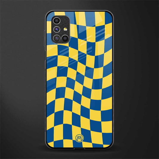 yellow blue trippy check pattern glass case for samsung galaxy m31s image