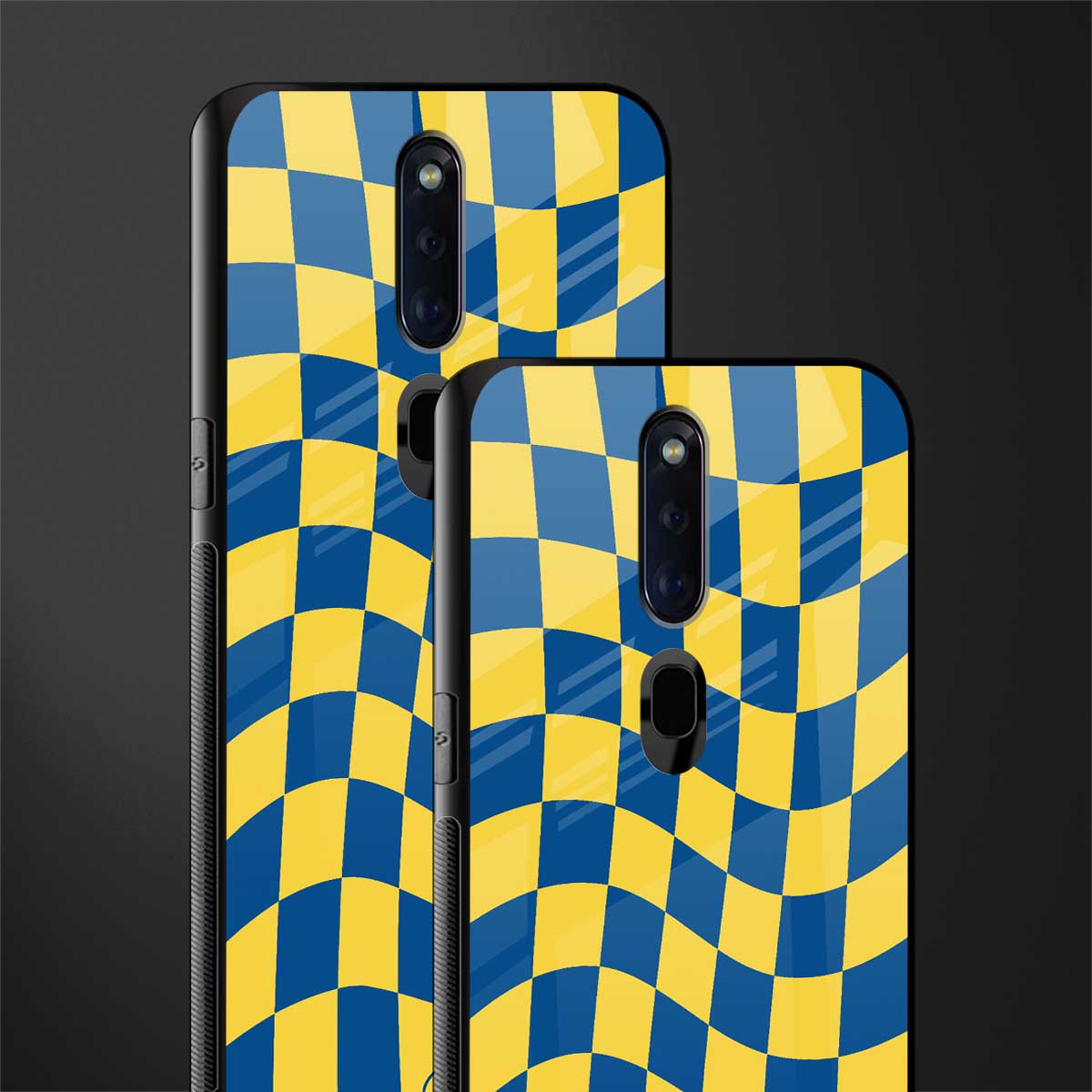 yellow blue trippy check pattern glass case for oppo f11 pro image-2