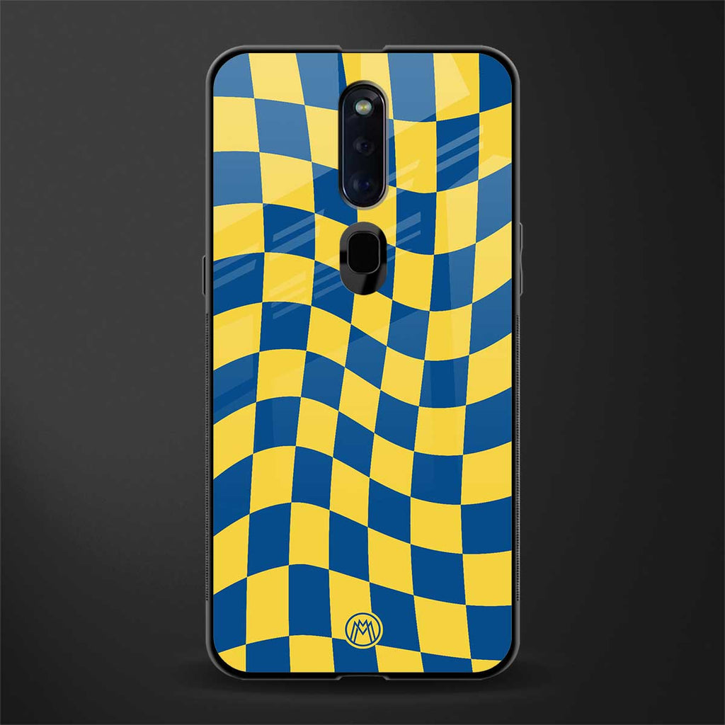 yellow blue trippy check pattern glass case for oppo f11 pro image