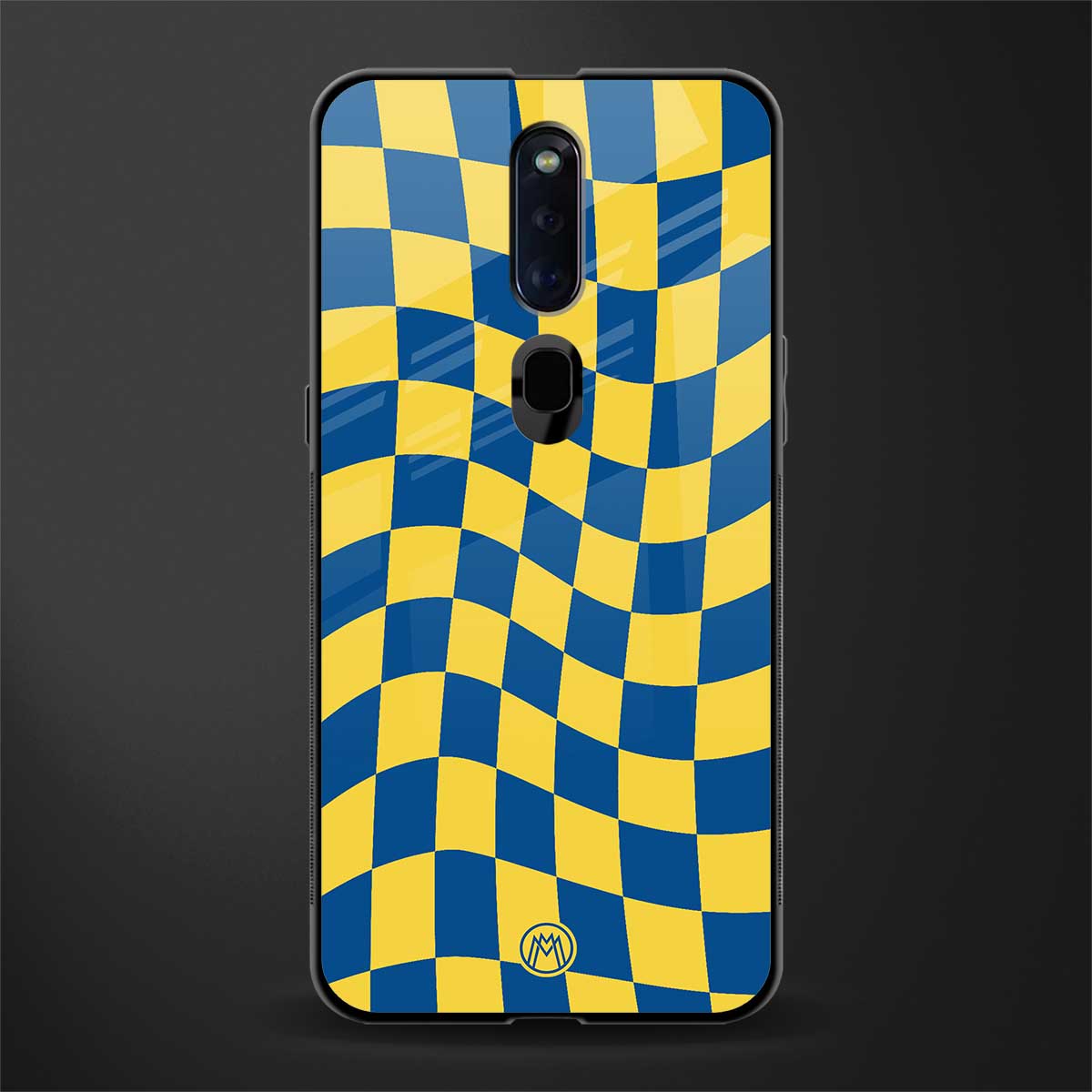 yellow blue trippy check pattern glass case for oppo f11 pro image