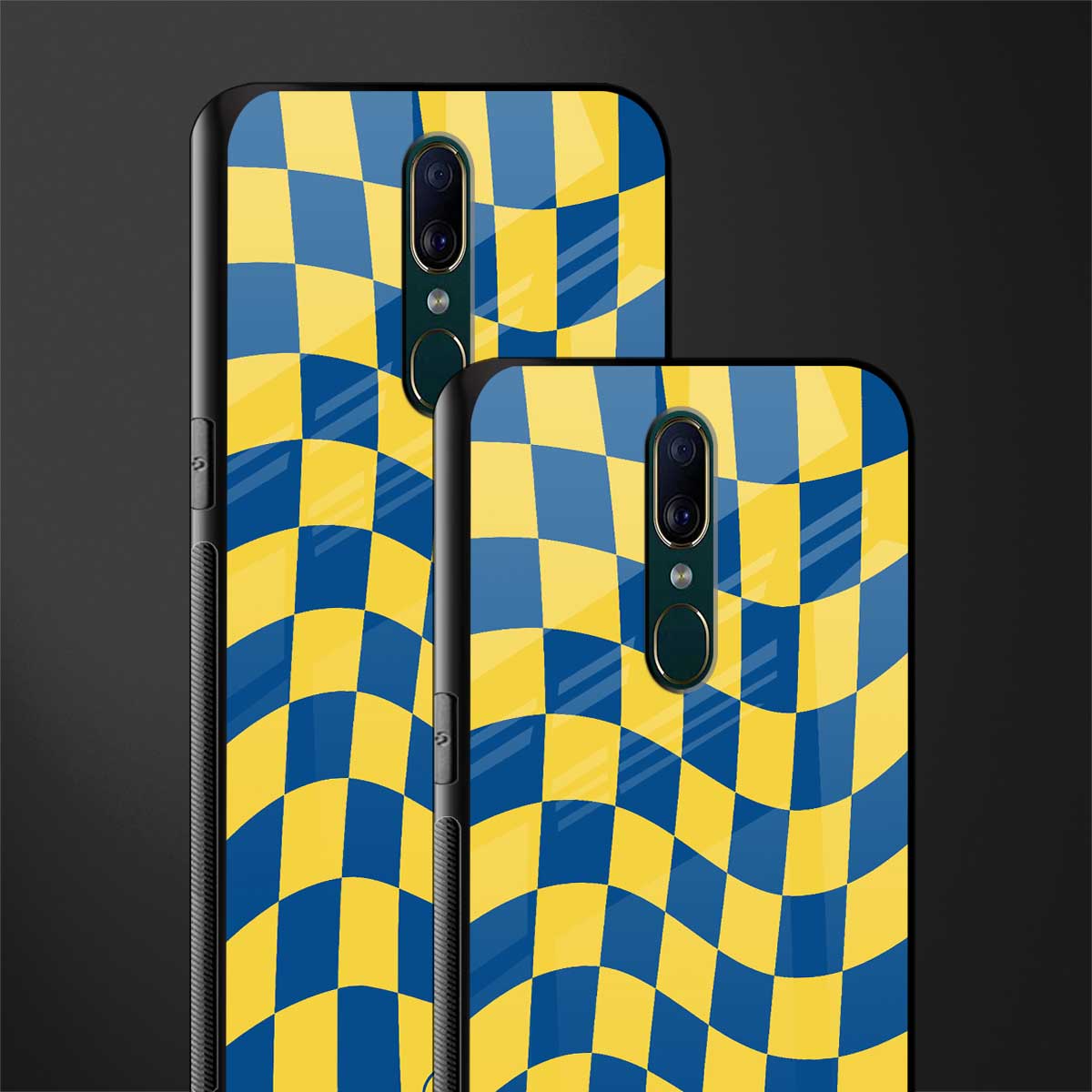 yellow blue trippy check pattern glass case for oppo a9 image-2