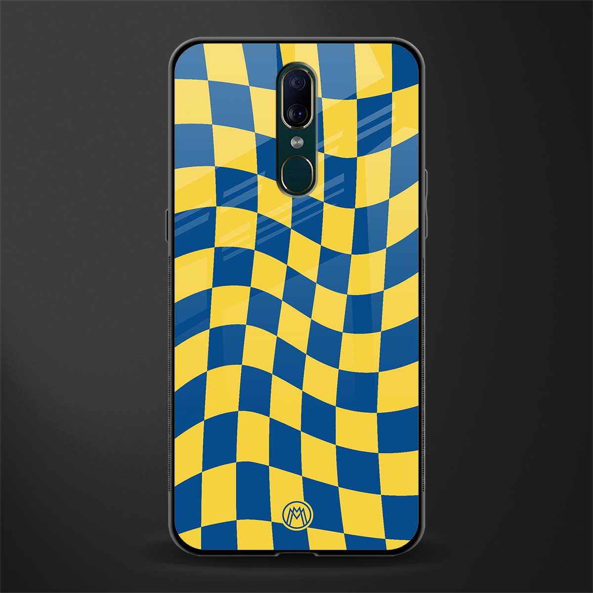 yellow blue trippy check pattern glass case for oppo f11 image