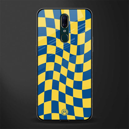 yellow blue trippy check pattern glass case for oppo f11 image