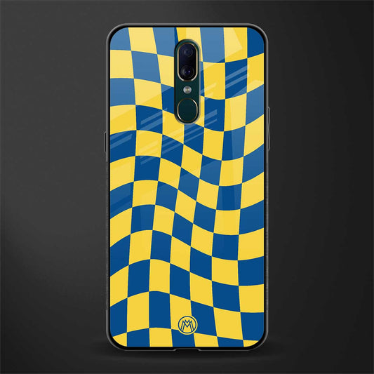 yellow blue trippy check pattern glass case for oppo f11 image