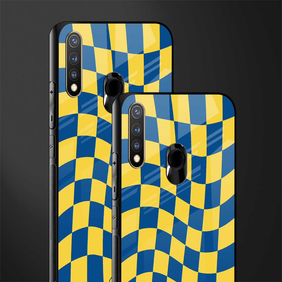 yellow blue trippy check pattern glass case for vivo u20 image-2