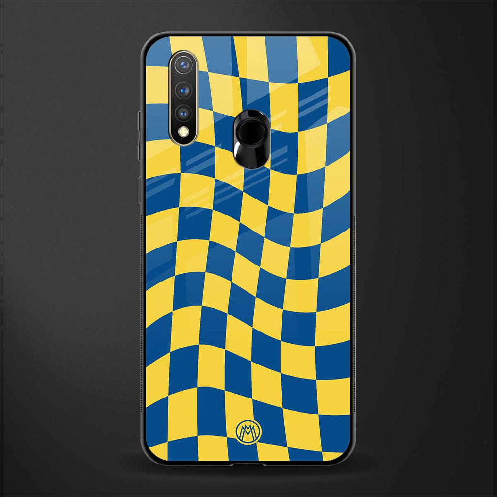 yellow blue trippy check pattern glass case for vivo u20 image