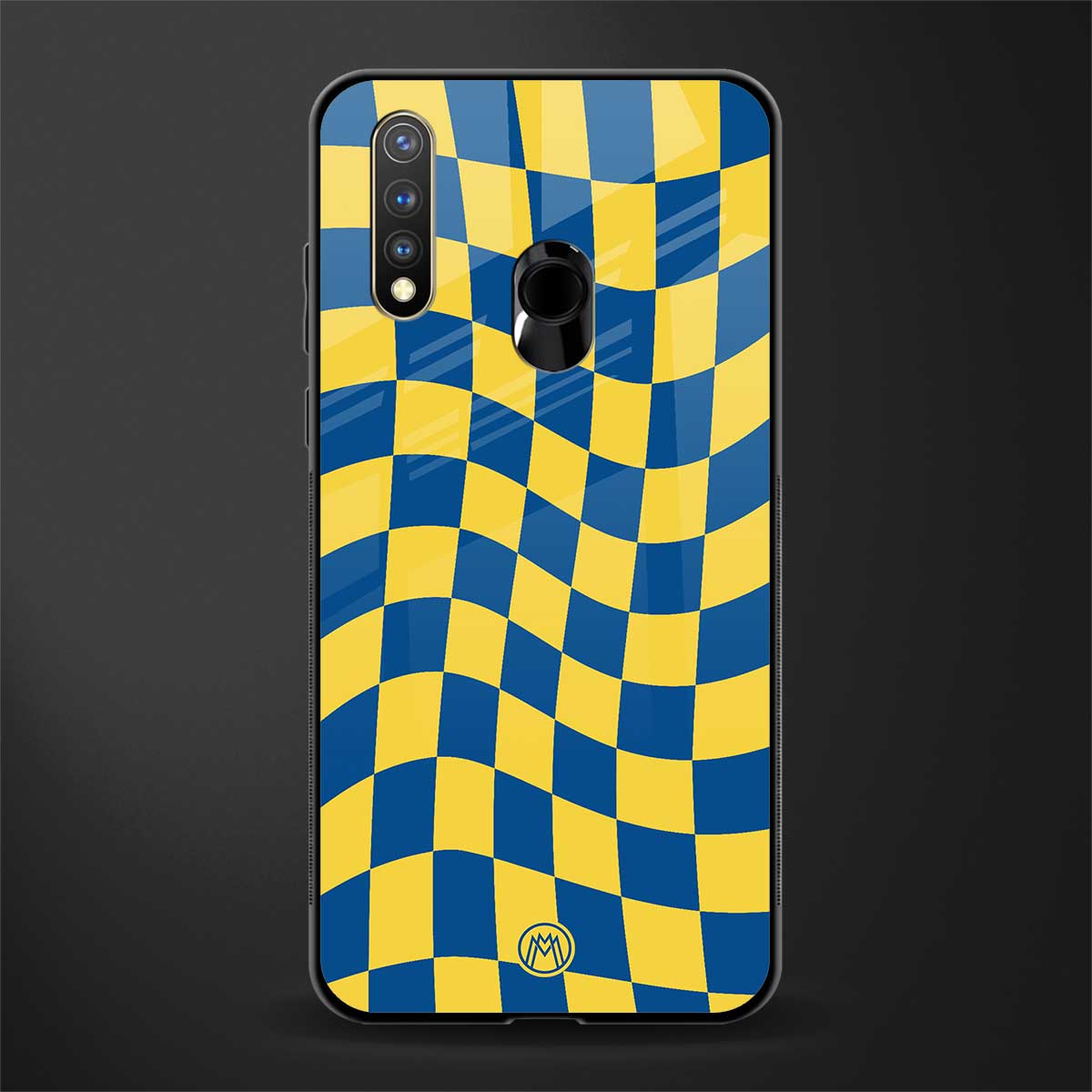 yellow blue trippy check pattern glass case for vivo u20 image