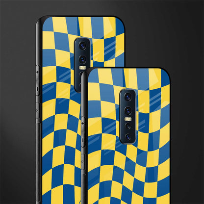 yellow blue trippy check pattern glass case for vivo v17 pro image-2