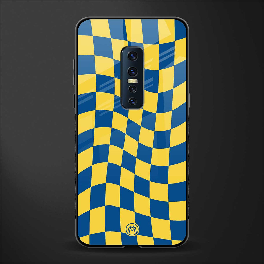 yellow blue trippy check pattern glass case for vivo v17 pro image