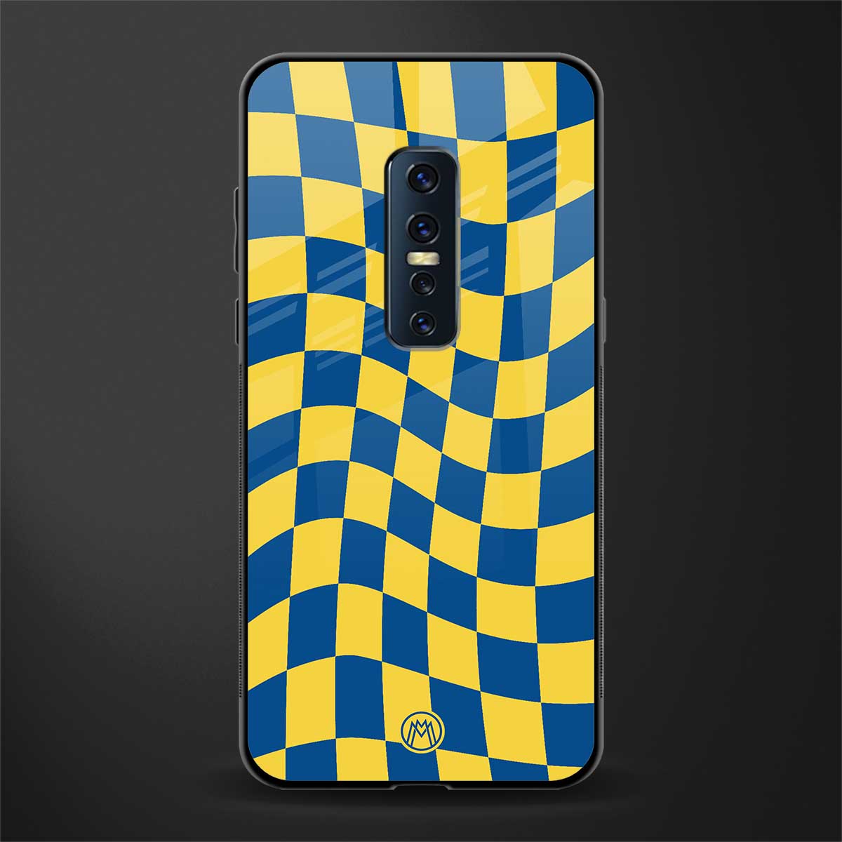 yellow blue trippy check pattern glass case for vivo v17 pro image