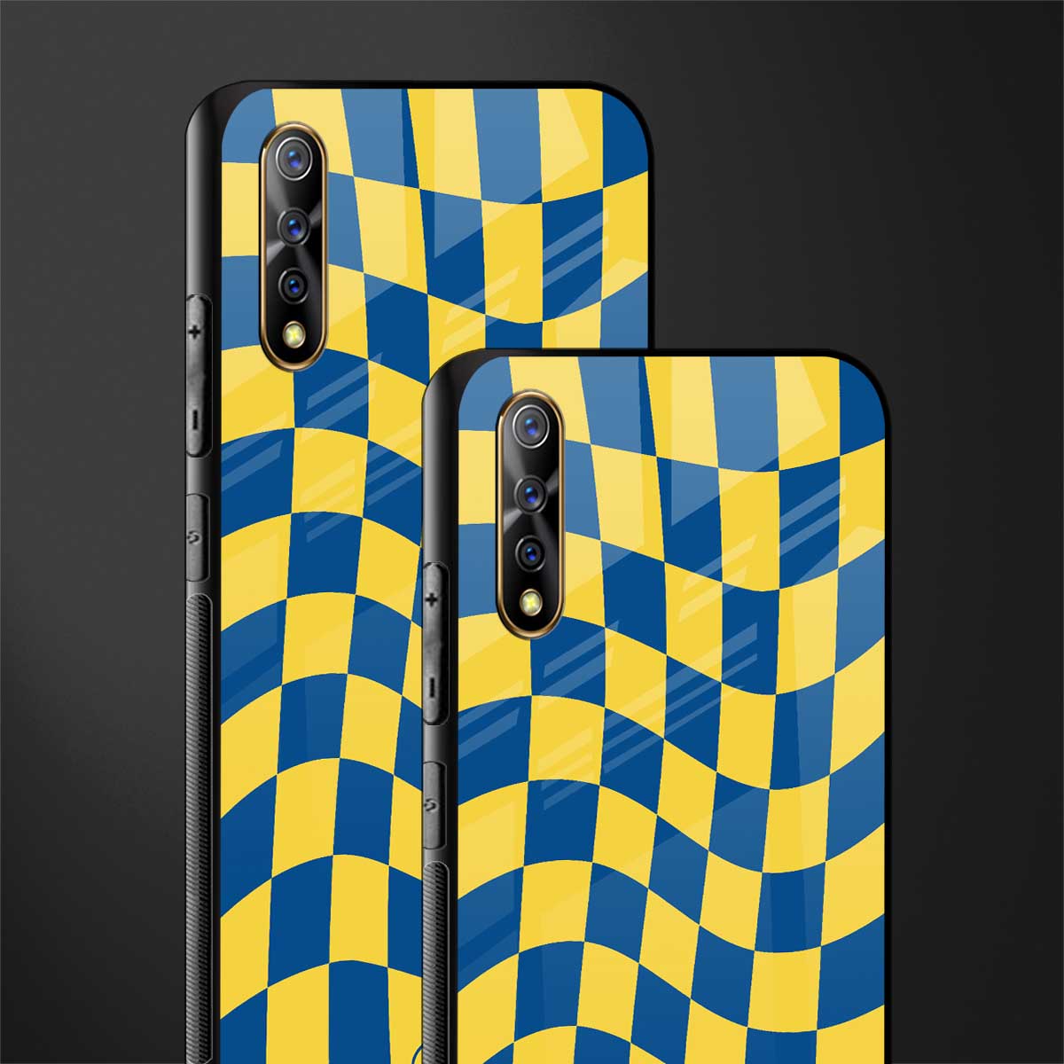 yellow blue trippy check pattern glass case for vivo s1 image-2