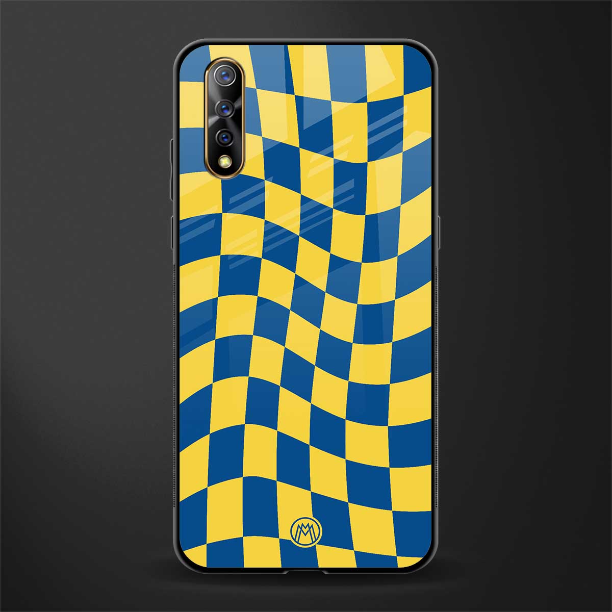 yellow blue trippy check pattern glass case for vivo s1 image