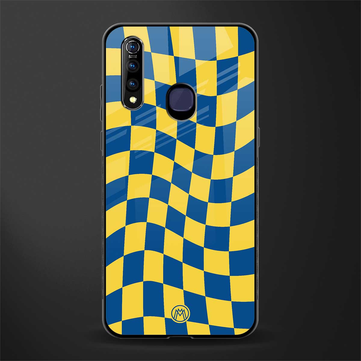 yellow blue trippy check pattern glass case for vivo z1 pro image