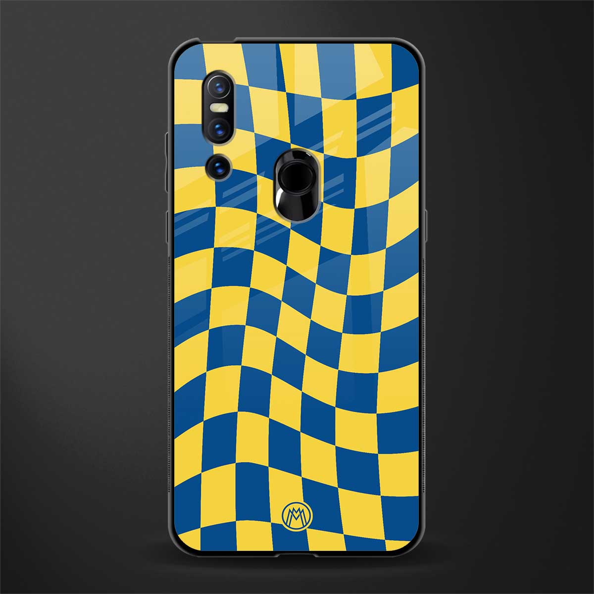 yellow blue trippy check pattern glass case for vivo v15 image