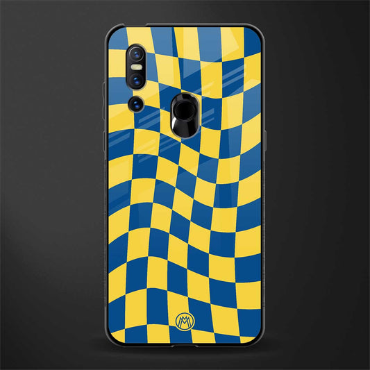 yellow blue trippy check pattern glass case for vivo v15 image