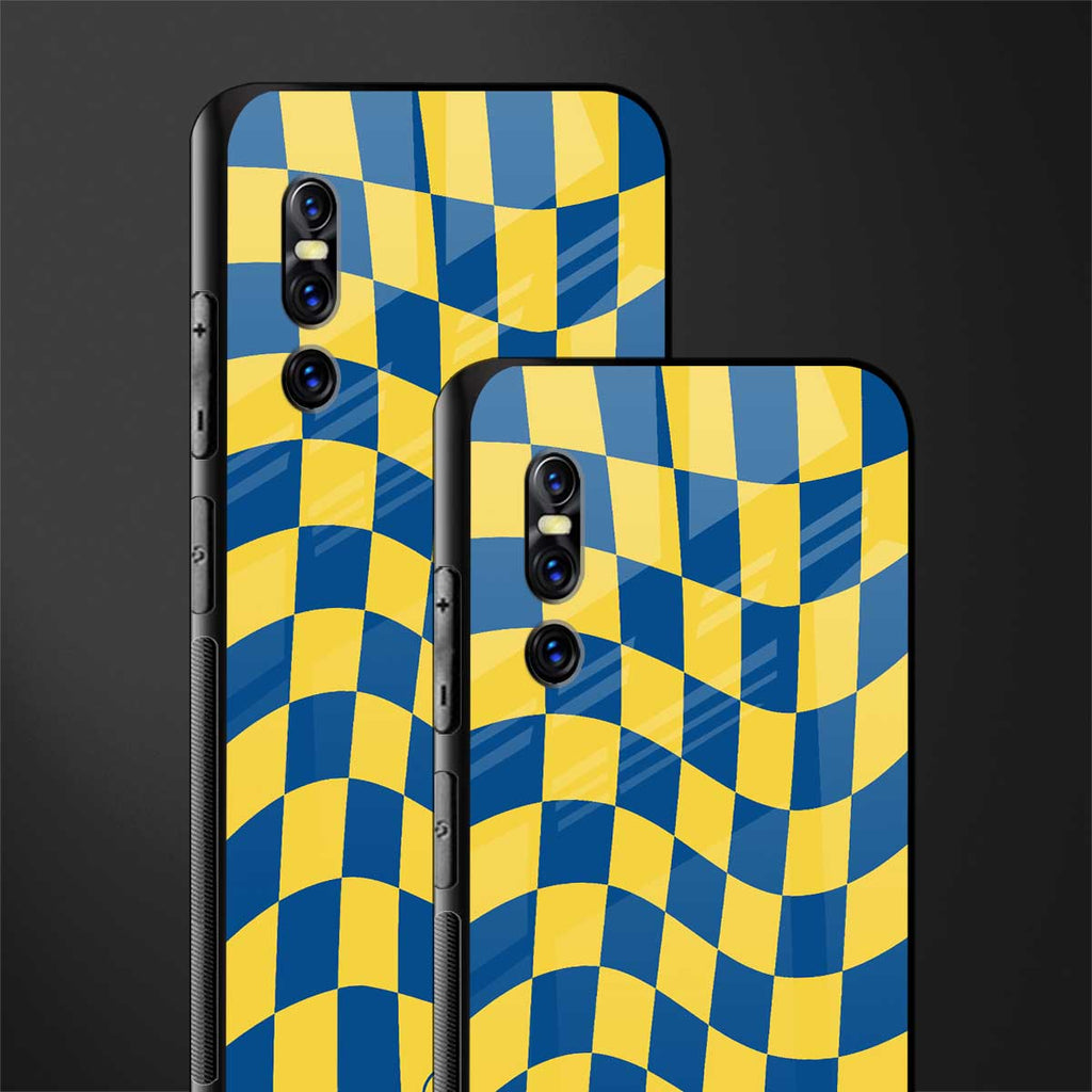 yellow blue trippy check pattern glass case for vivo v15 pro image-2