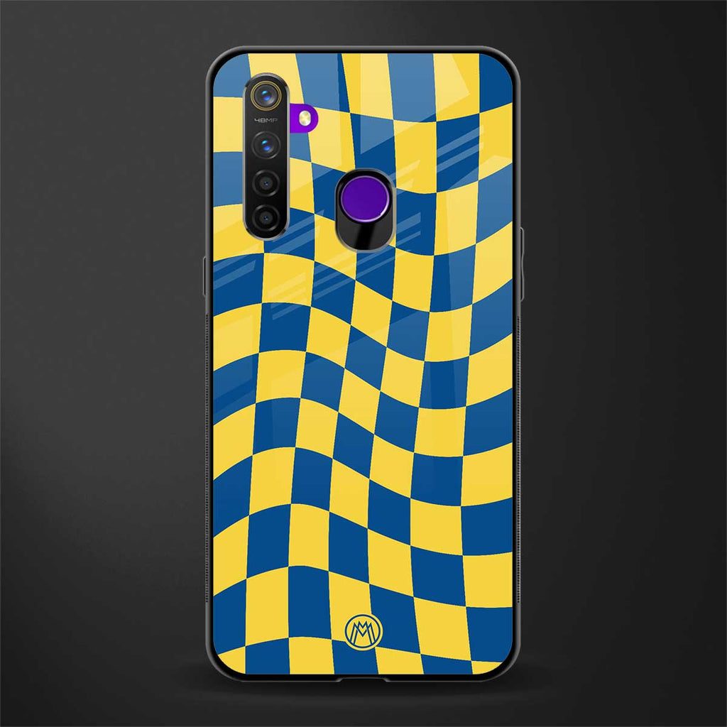 yellow blue trippy check pattern glass case for realme 5 pro image