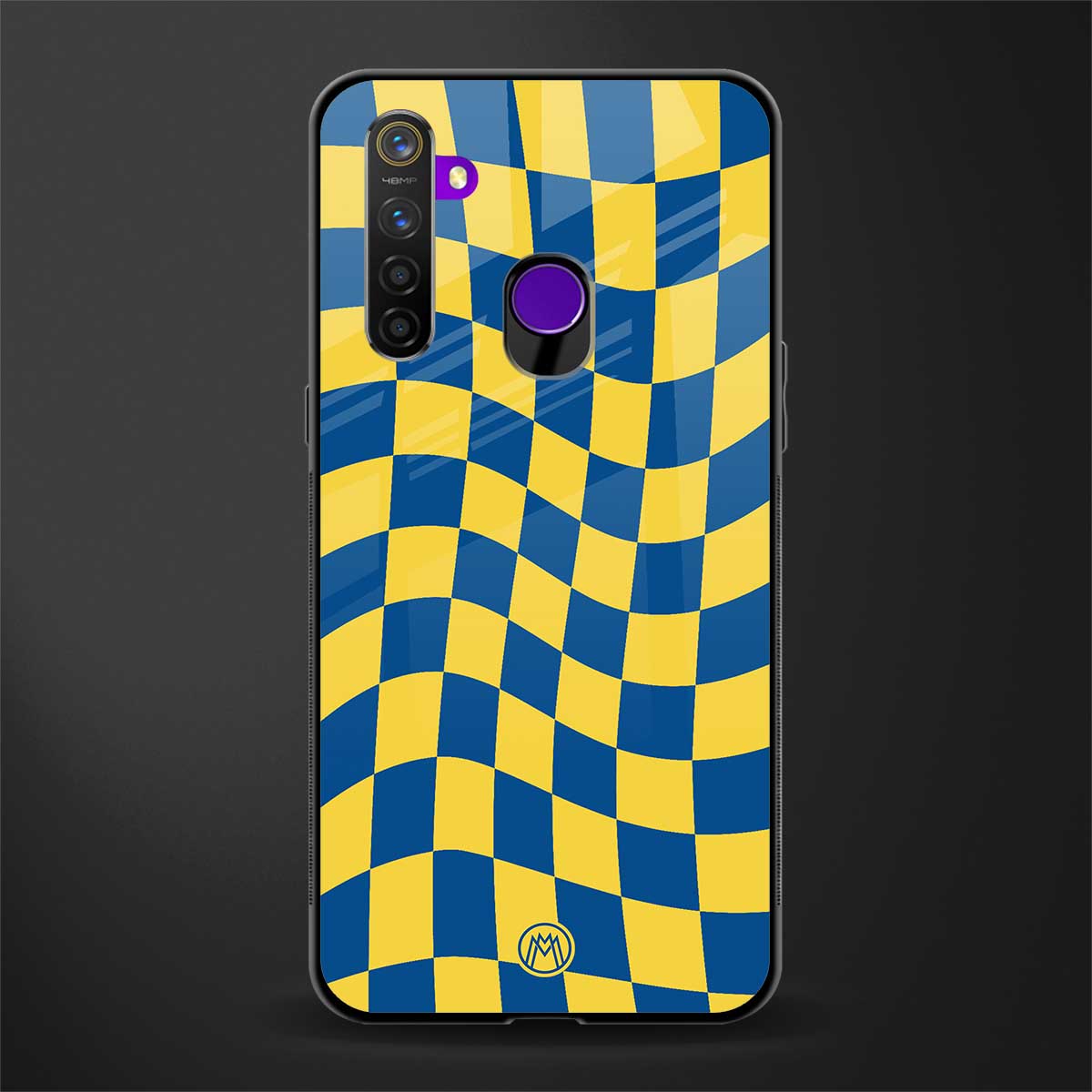 yellow blue trippy check pattern glass case for realme 5 image