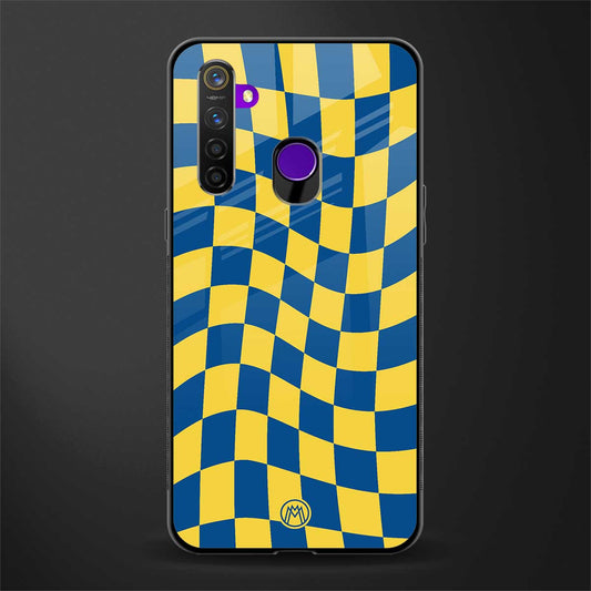 yellow blue trippy check pattern glass case for realme 5s image