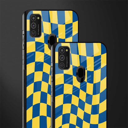 yellow blue trippy check pattern glass case for samsung galaxy m21 image-2