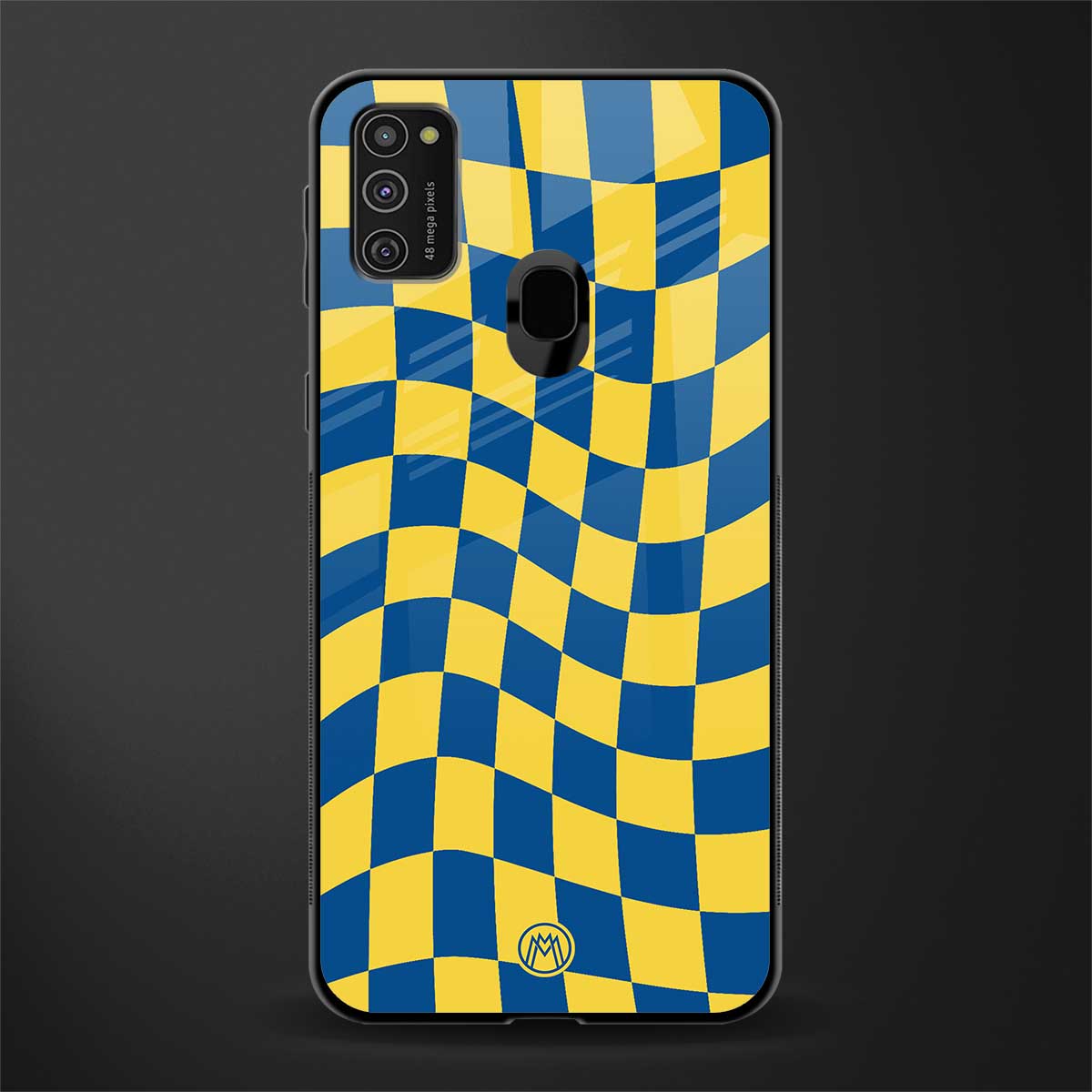 yellow blue trippy check pattern glass case for samsung galaxy m21 image