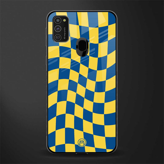 yellow blue trippy check pattern glass case for samsung galaxy m21 image