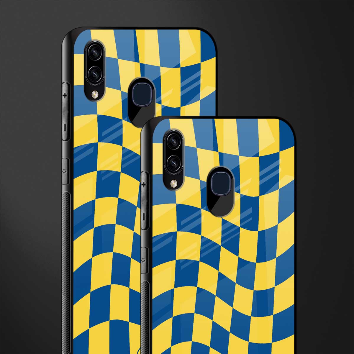 yellow blue trippy check pattern glass case for samsung galaxy a30 image-2