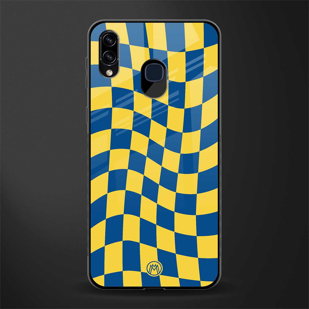 yellow blue trippy check pattern glass case for samsung galaxy a20 image