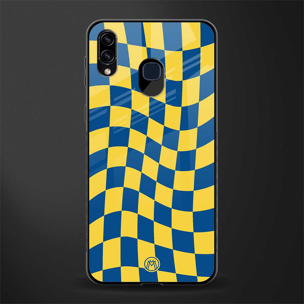 yellow blue trippy check pattern glass case for samsung galaxy m10s image