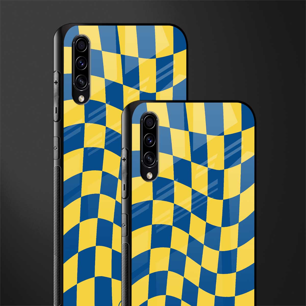 yellow blue trippy check pattern glass case for samsung galaxy a70s image-2