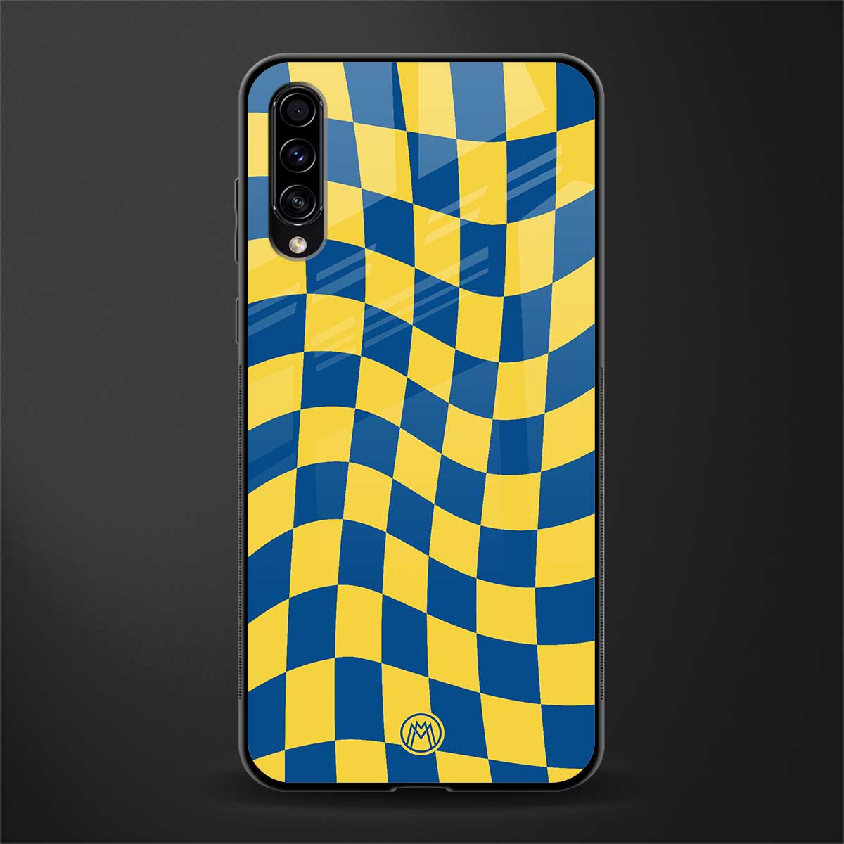 yellow blue trippy check pattern glass case for samsung galaxy a70 image