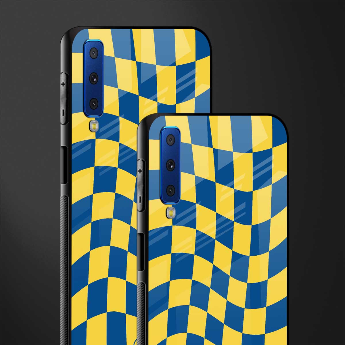 yellow blue trippy check pattern glass case for samsung galaxy a7 2018 image-2