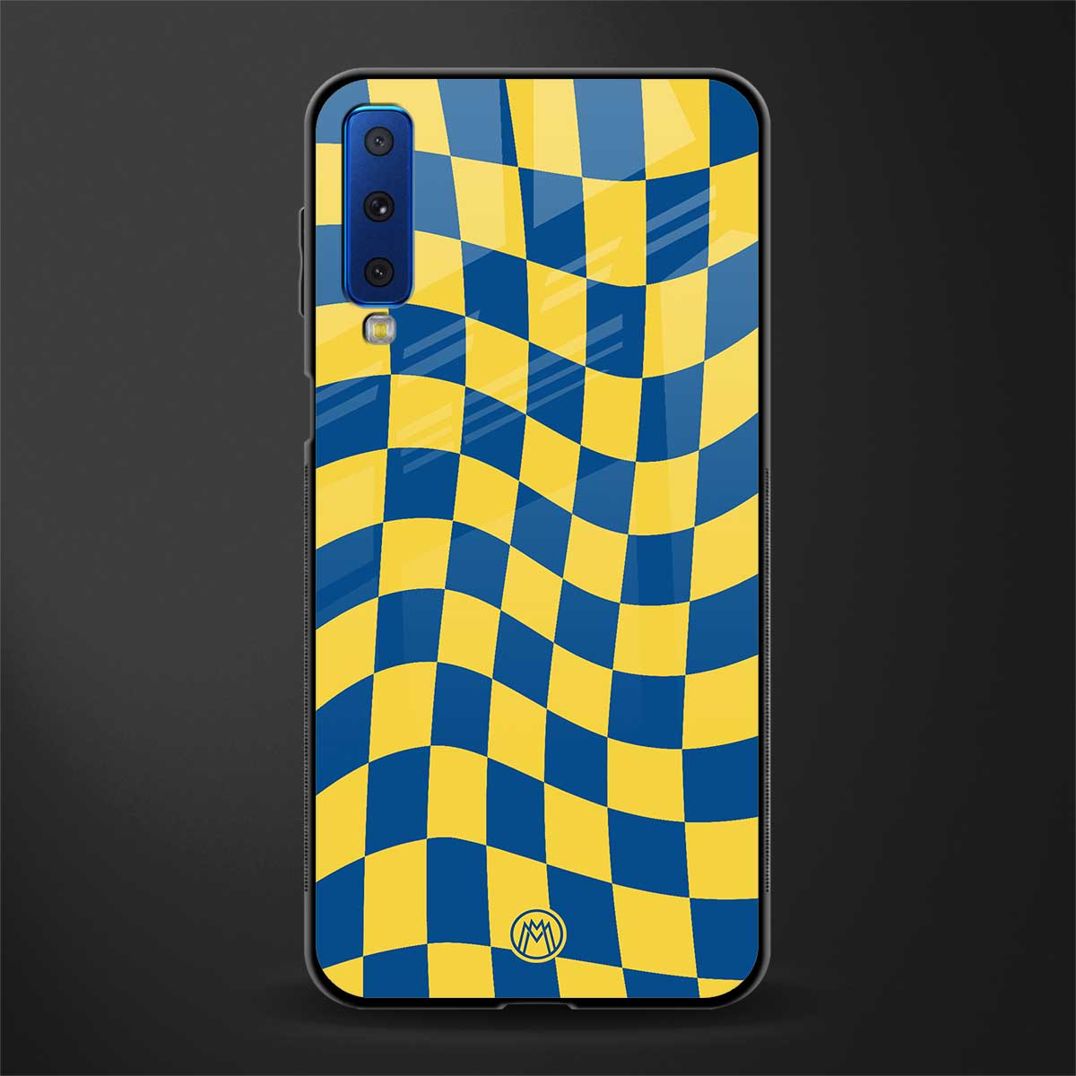 yellow blue trippy check pattern glass case for samsung galaxy a7 2018 image
