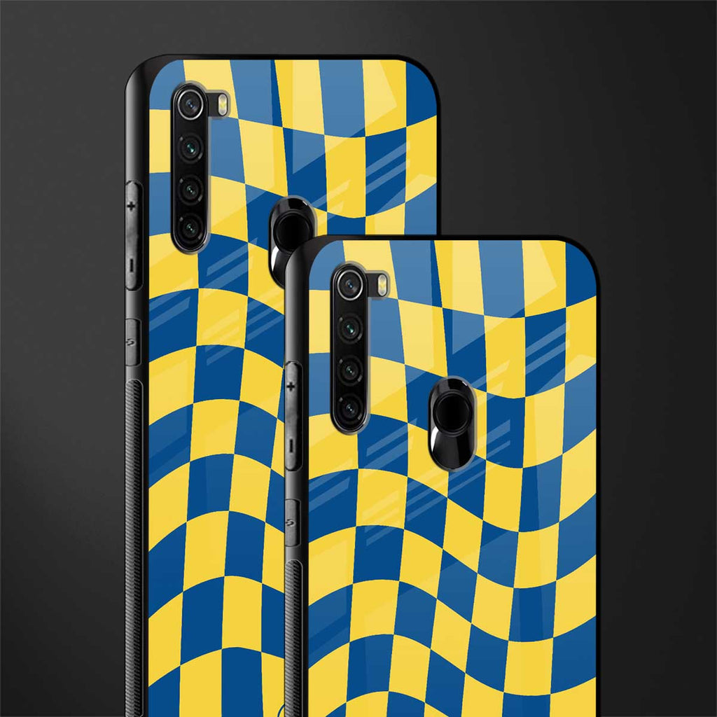 yellow blue trippy check pattern glass case for redmi note 8 image-2