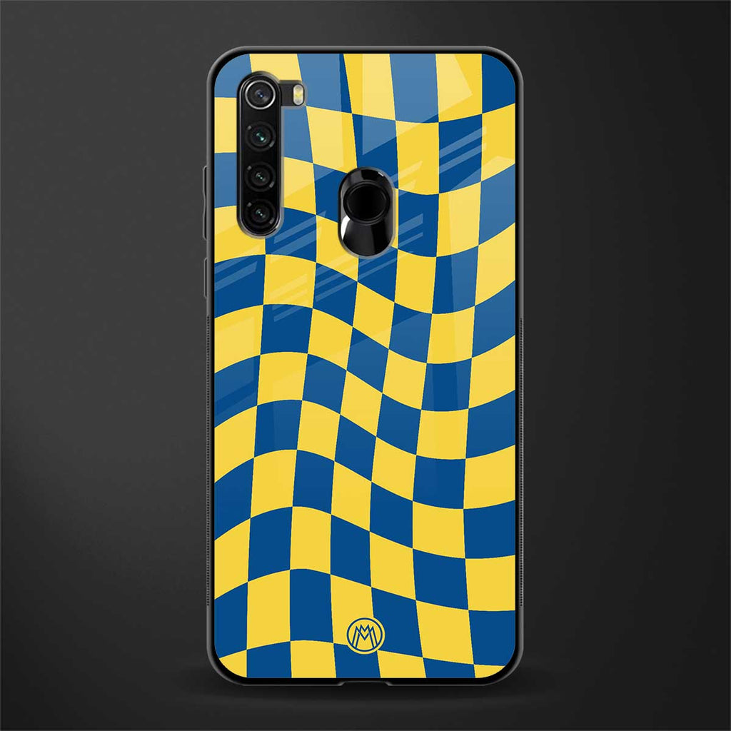 yellow blue trippy check pattern glass case for redmi note 8 image
