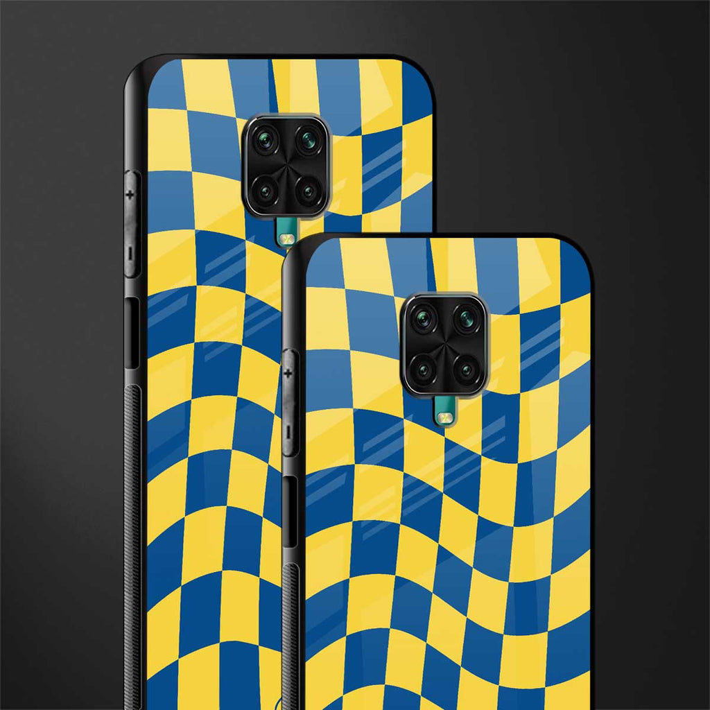 yellow blue trippy check pattern glass case for redmi note 9 pro image-2