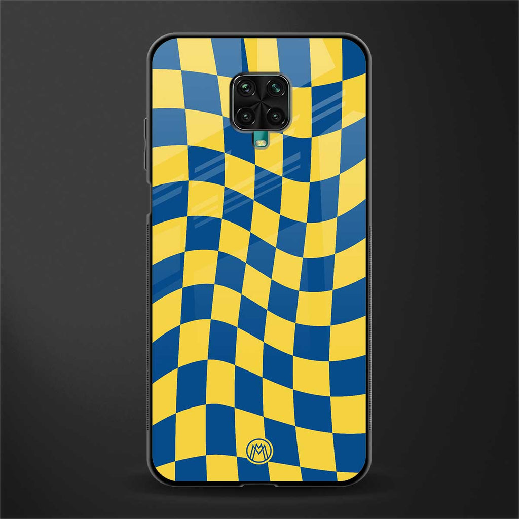 yellow blue trippy check pattern glass case for redmi note 9 pro image