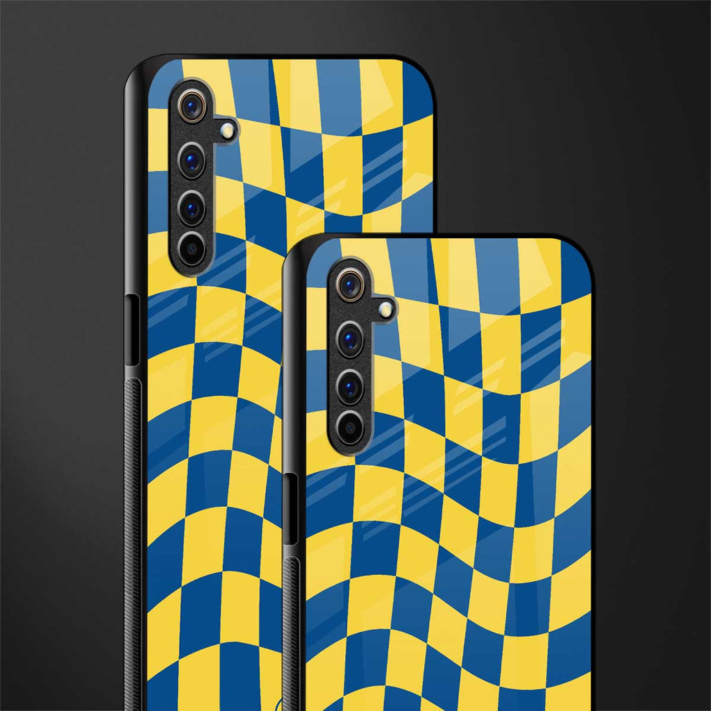yellow blue trippy check pattern glass case for realme 6 image-2