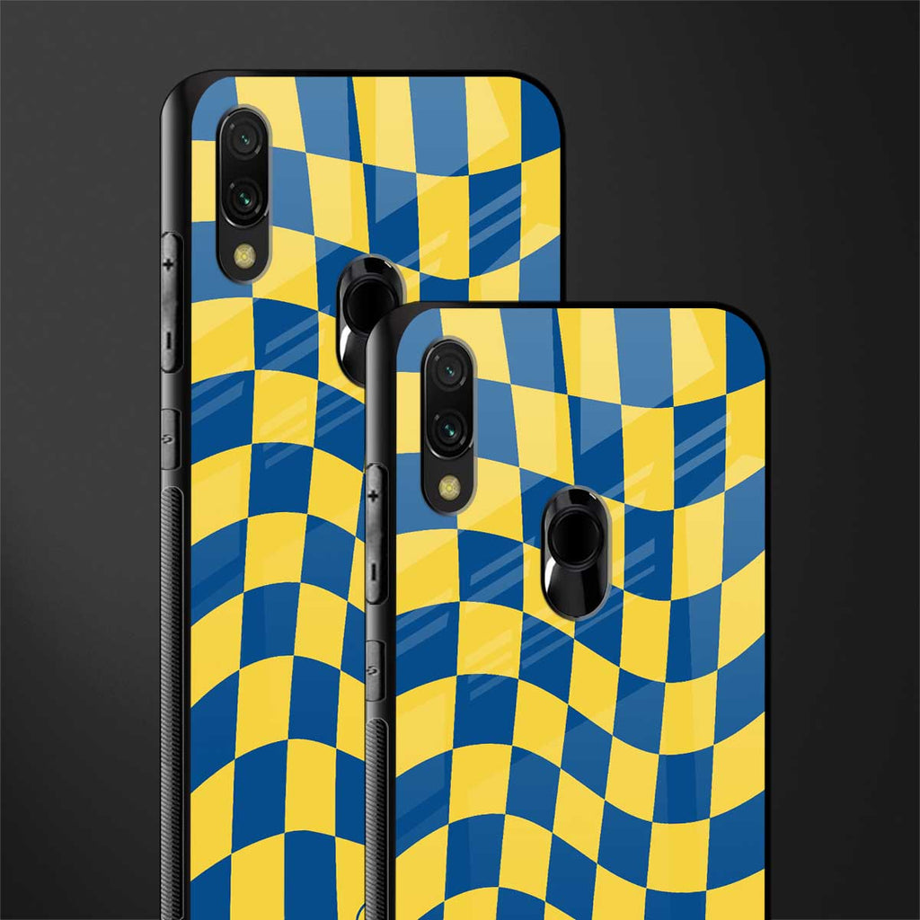 yellow blue trippy check pattern glass case for redmi note 7 image-2